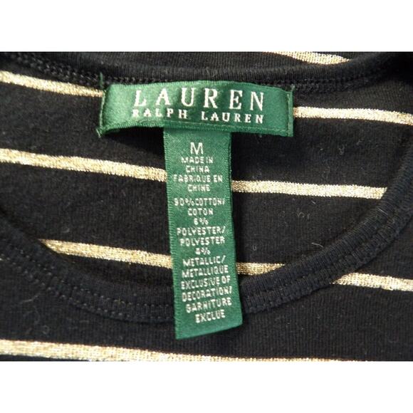 Lauren Ralph Lauren Womens Medium Shirt Tee Long Sleeve Black Gold Striped Basic - Picture 5 of 10